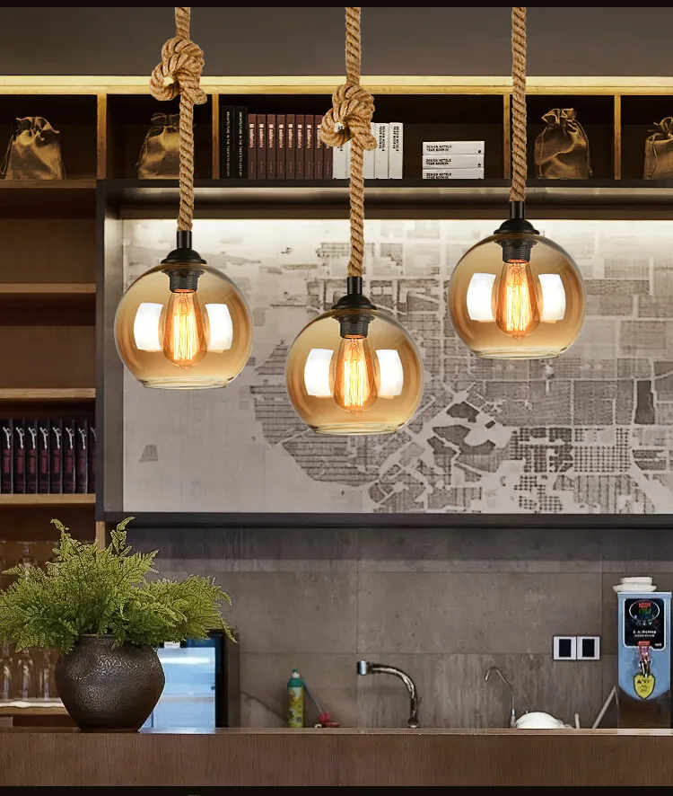 Винтажные стеклянные шаровые подвесные светильники Ретро Лофт пеньковая