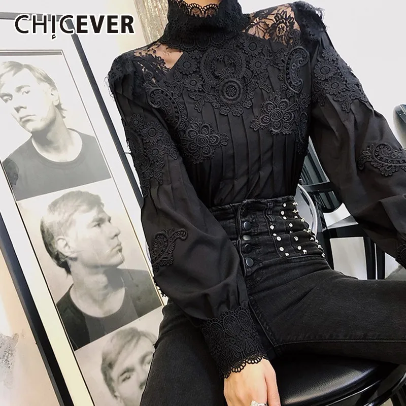 

CHICEVER Summer Casual Solid Lace Hollow Out Women Shirt Stand Collar Puff Sleeve Slim Plus Size Female Top Clothing 2020 New