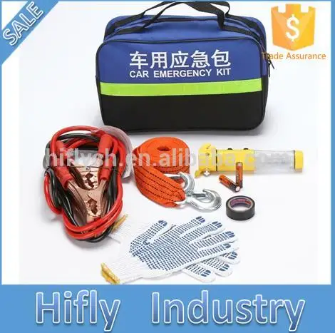 Car emergency security kit safety hammer tow rope dot gloves electrical tape battery cable portable reflective