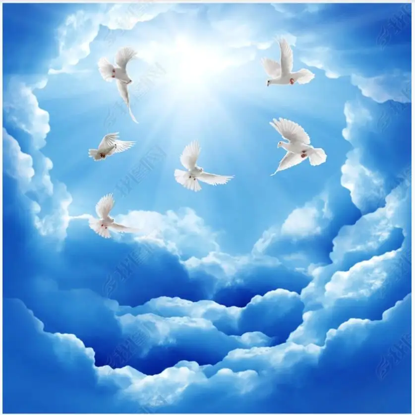 Настенные 3D-обои на заказ с изображением голубого неба и белых облаков в гостиную