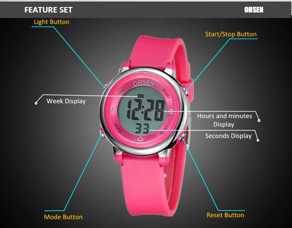 Женские спортивные цифровые часы OHSEN с ЖК дисплеем Детские водонепроницаемые