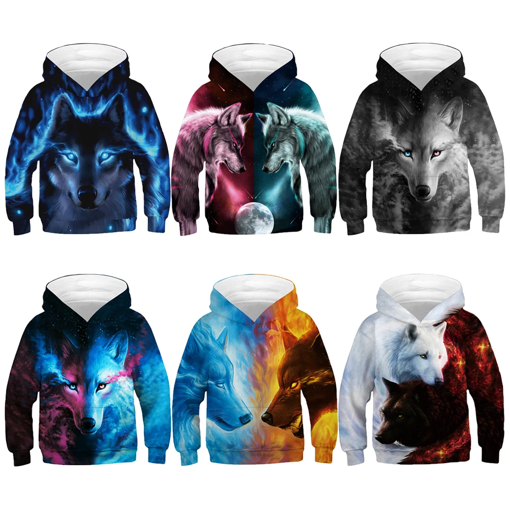 Толстовка с капюшоном для мальчиков детская куртка цифровым принтом волка и