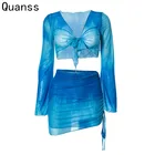 Quanss Женская куртка джинсовая женские джинсовые куртки весна-лето с длинным рукавом, короткий топ и юбка для женщин галстук краситель печати юбка в сеточку, комплект из двух предметов пляжная одежда прозрачная наряды