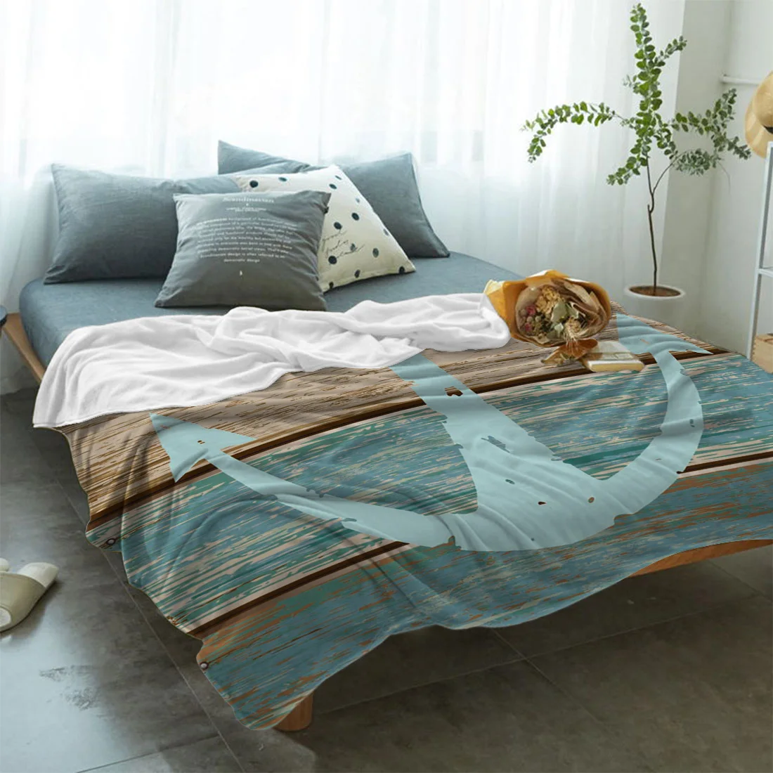 Винтажное покрытие для кровати с изображением якоря древесины Фланелевое