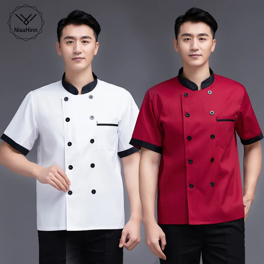 

Двубортная униформа для приготовления пищи в ресторанах, мужская куртка шеф-повара в отеле, кухне, топы с короткими рукавами с вышивкой