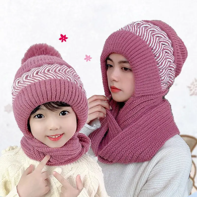 

2 in 1 Winter Parent-Child Knitted Hooded Scarf Beanie Mother-Kids Hat Neck Warmer With Pompom Warm Earmuff Hat