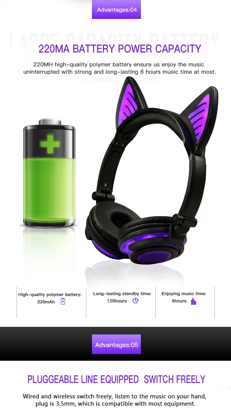 Bluetooth Стерео милые кошачьи наушники мигающие светящиеся игровая гарнитура