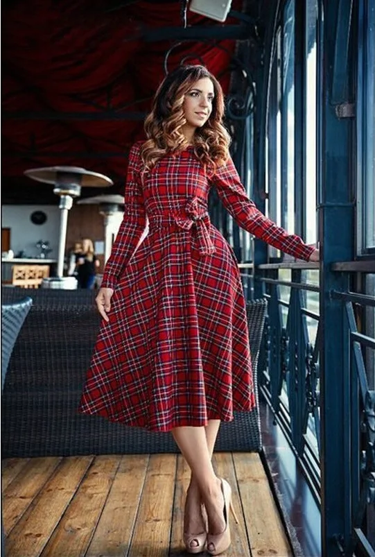 

new autumn red plaid long sleeve womenBow casual dresses