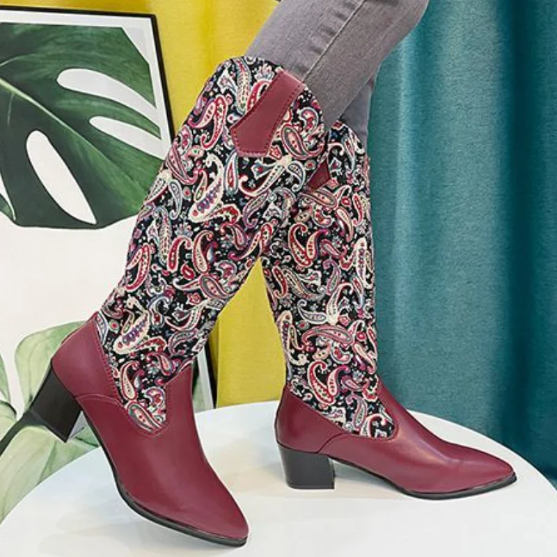 

HKXN 2021 осень-зима новые женские ботинки в этническом стиле ретро на толстом каблуке с высокой застежкой-молнией сзади с вышивкой Яркие ботин...