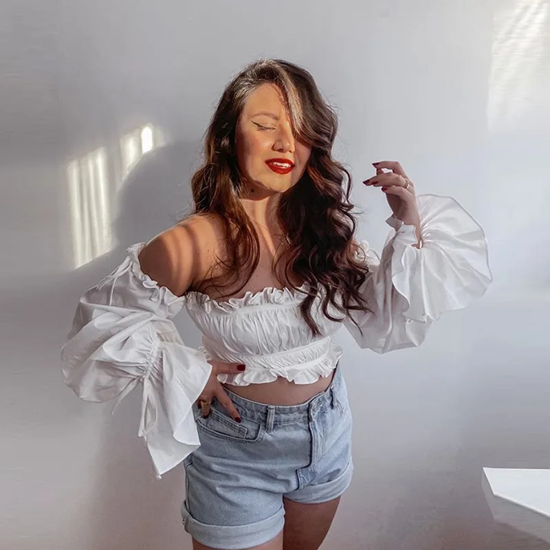 

Shoulder Top Women Long Sleeve Ruffle Top 2021 Ladies White Elegant Top Party Blusas