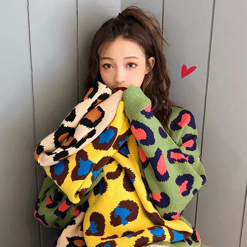 Женский свободный пуловер ulzzang Повседневный контрастной расцветки с леопардовым