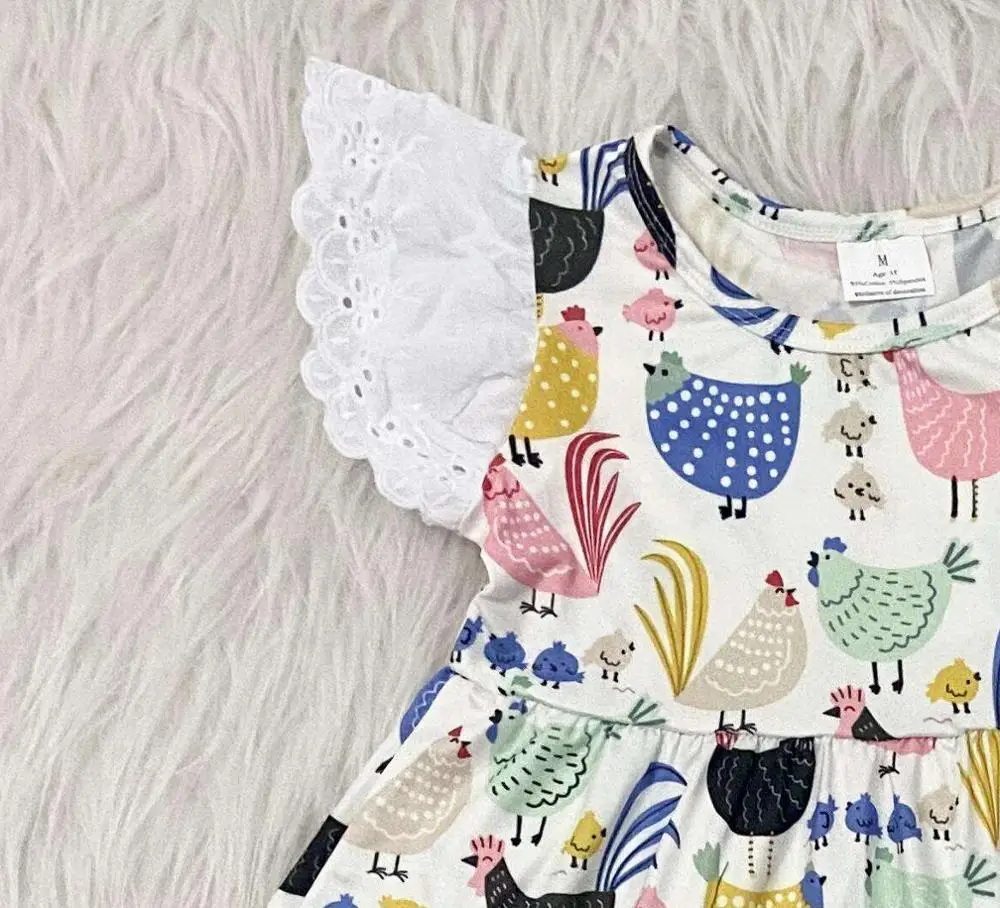 Hot summer lace rooster and hen farm style little girl top + three layer lotus leaf edge dark blue cotton pants boutique set | Мать и