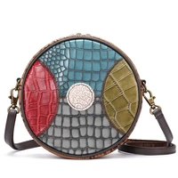 new ethnic style stitching leather womens bag first layer cowhide small round bag crocodile pattern one shoulder messenger bag