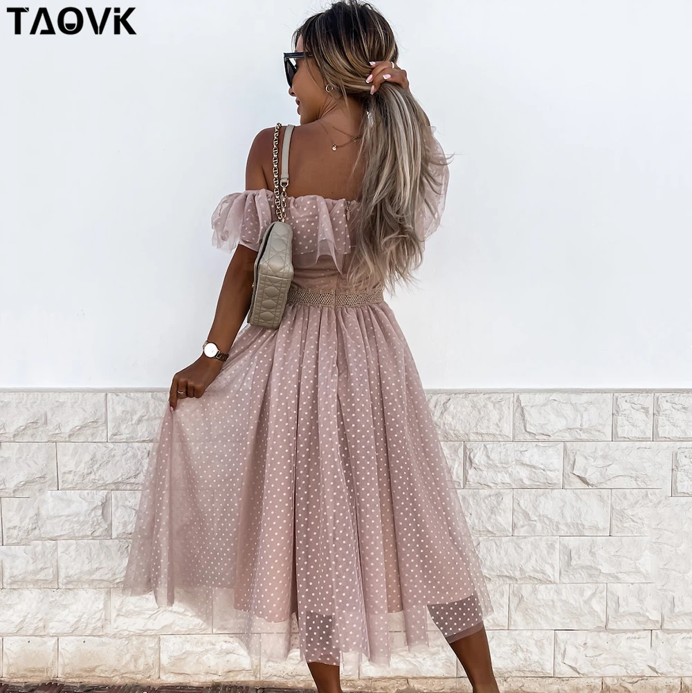 

TAOVK Women Vintage Square Collar Long Dress Polka Dots Mesh Sleeveless Ruffles Bow Pleated Dress Elegant Sexy Chic Dress