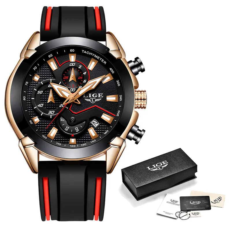 Rose gold black Relogio Masculino LIGE новые модные мужские часы с силиконовым ремешком лучший бренд класса люкс водонепроницаемый спортивный хронограф кварцевые часы для мужчин - Цвет: Rose gold black