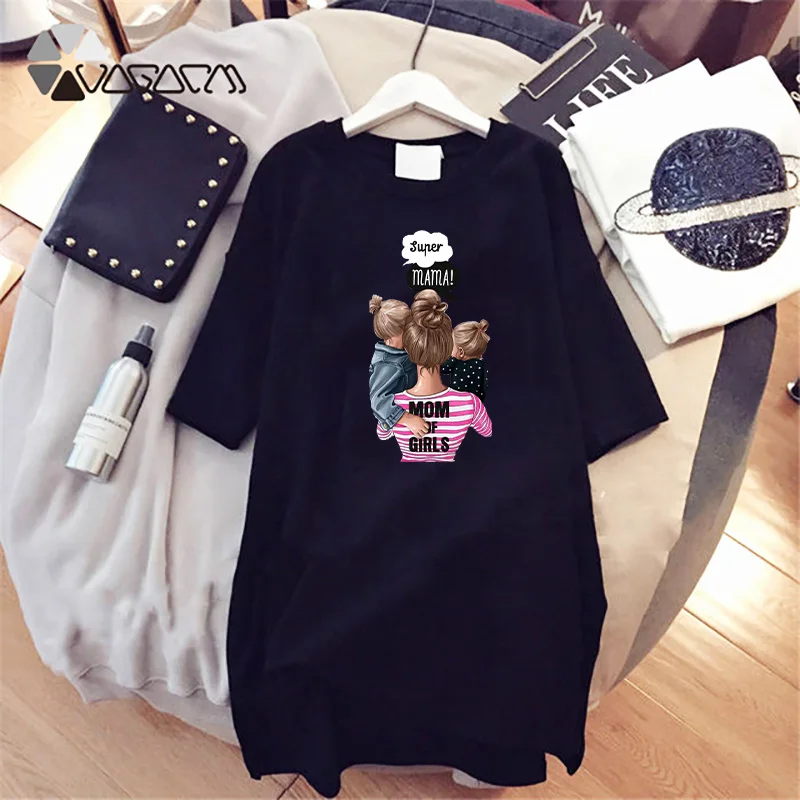 

2022 Summer Dress Mom&Baby Cartoon Print Casual Loose Dresses Short Sleeve O-neck Party Maternal Love Vestido