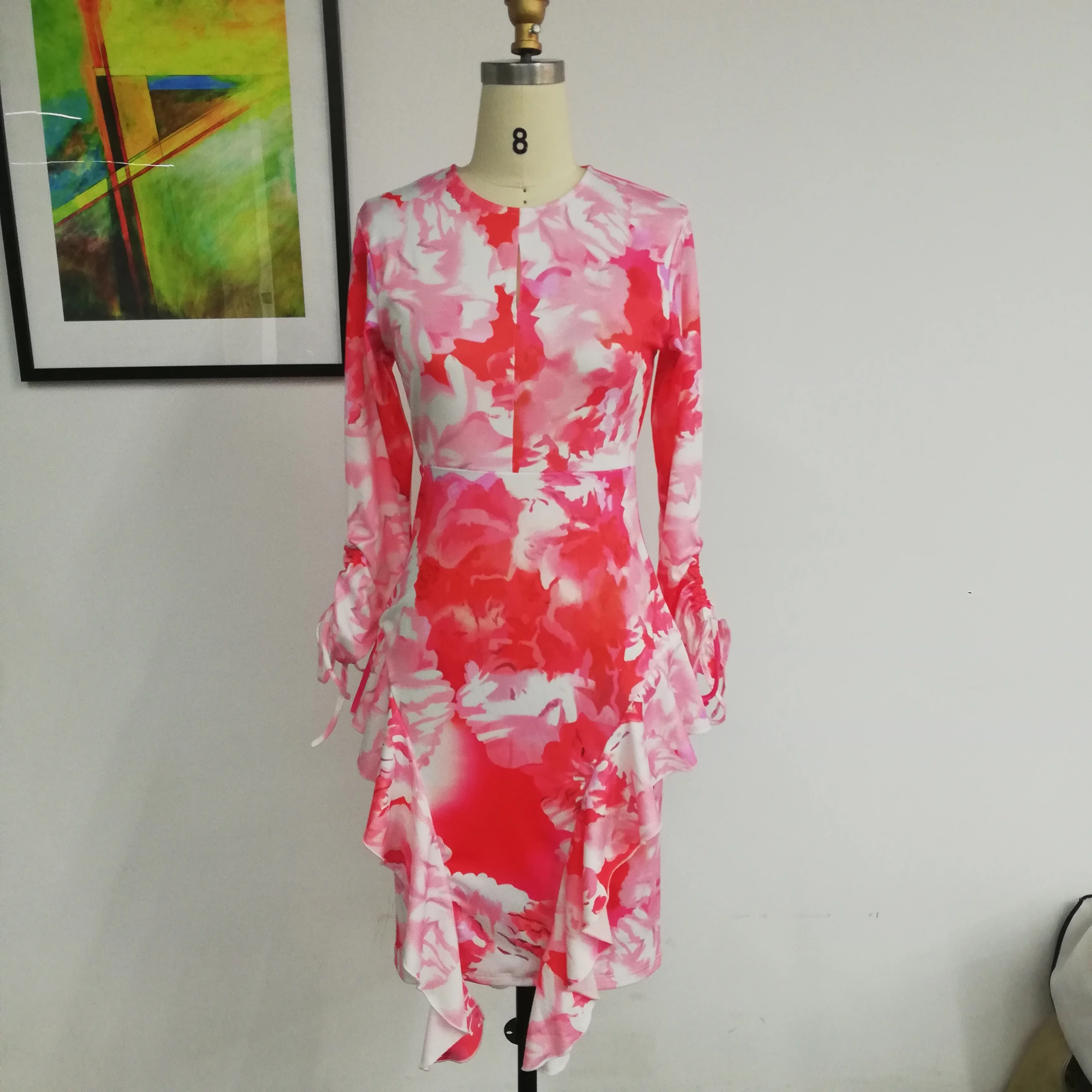 Женское платье с оборками и цветочным принтом длинным рукавом | Женская одежда