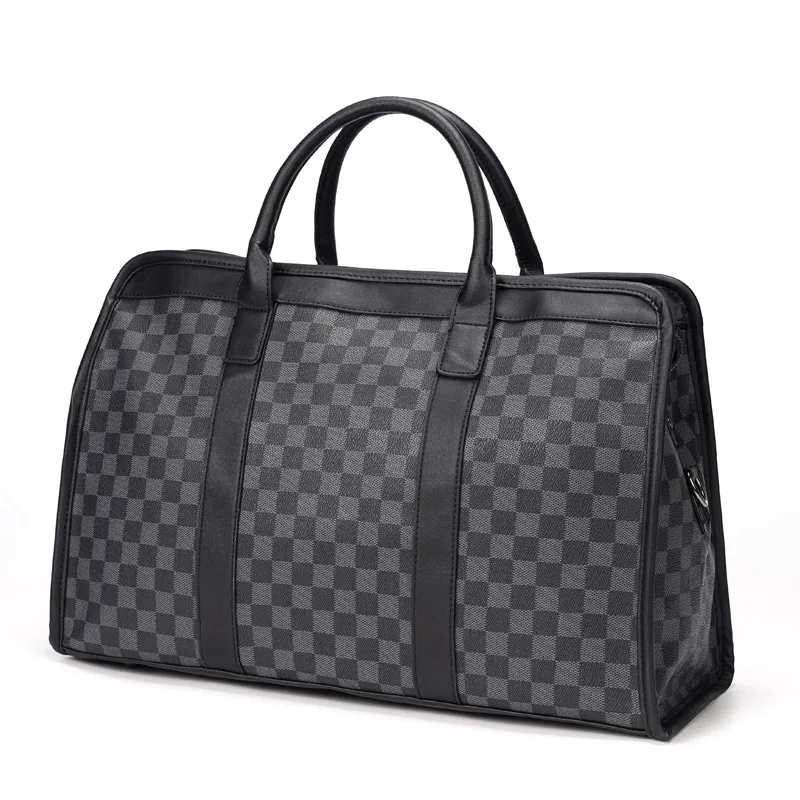 

Classic Plaid Design Men's Leather Travel Bag Large Capacity Business Bag Overnight Tote Handbag Short-Distance Luggage Bolsos