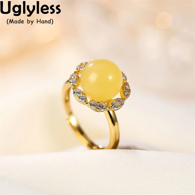 

Uglyless Shinning Crystals Floral Rings for Women Gemstones Beeswax Amber Jewelry Fashion Evening Dress Gold Rings 925 Silver