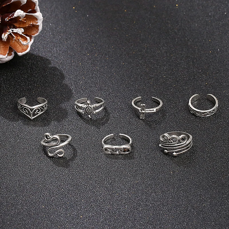 7 шт. винтажные волнистые кольца для ног черепахи старинная резьба летние пляжные