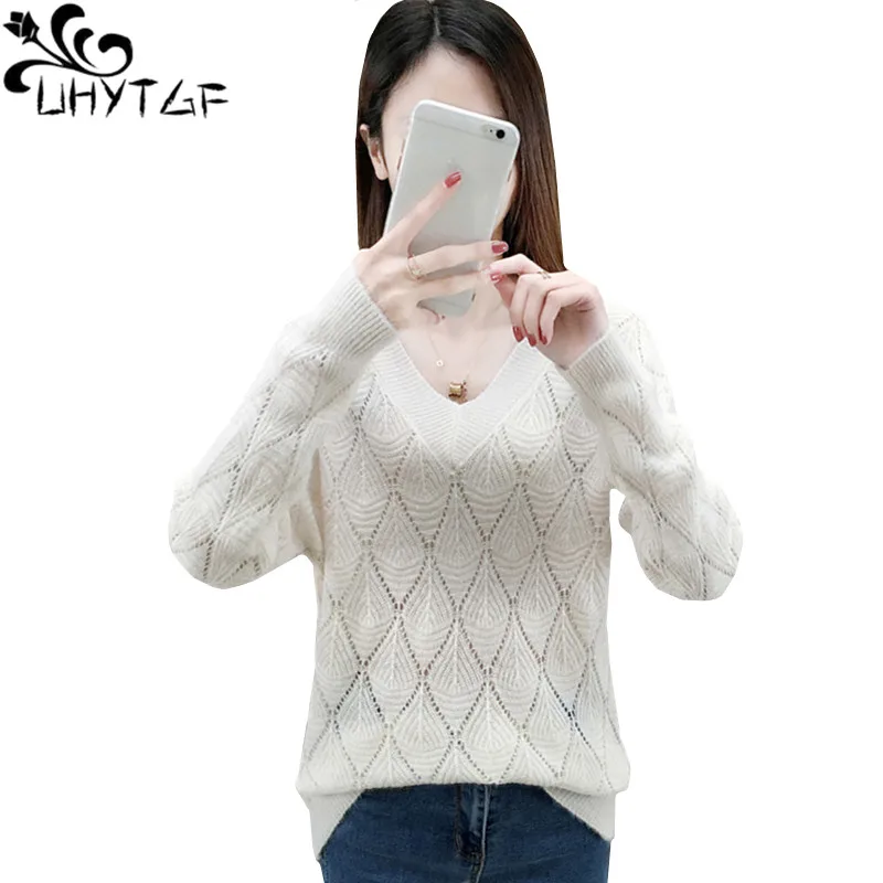 

UHYTGF Women spring sweater fashion Hollow knitted tops female solid color wild thin sweaters Pullover loose Plus size coat1444