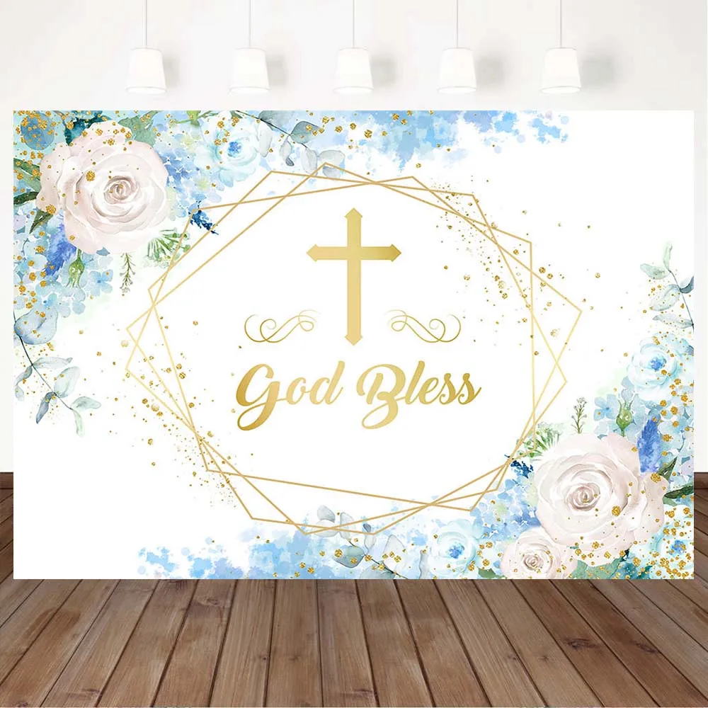 

Mocsicka Baby Baptism Photography Backdrops God Bless Newborn Boy Christening Photo Background Gold Cross Blue Floral Photocall