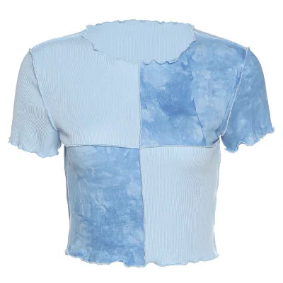 

JESSIC European American Style 2020 Summer New Products Fashion Stitching Round Neck Exposed Umbilical Wood Ear T-shirt Women