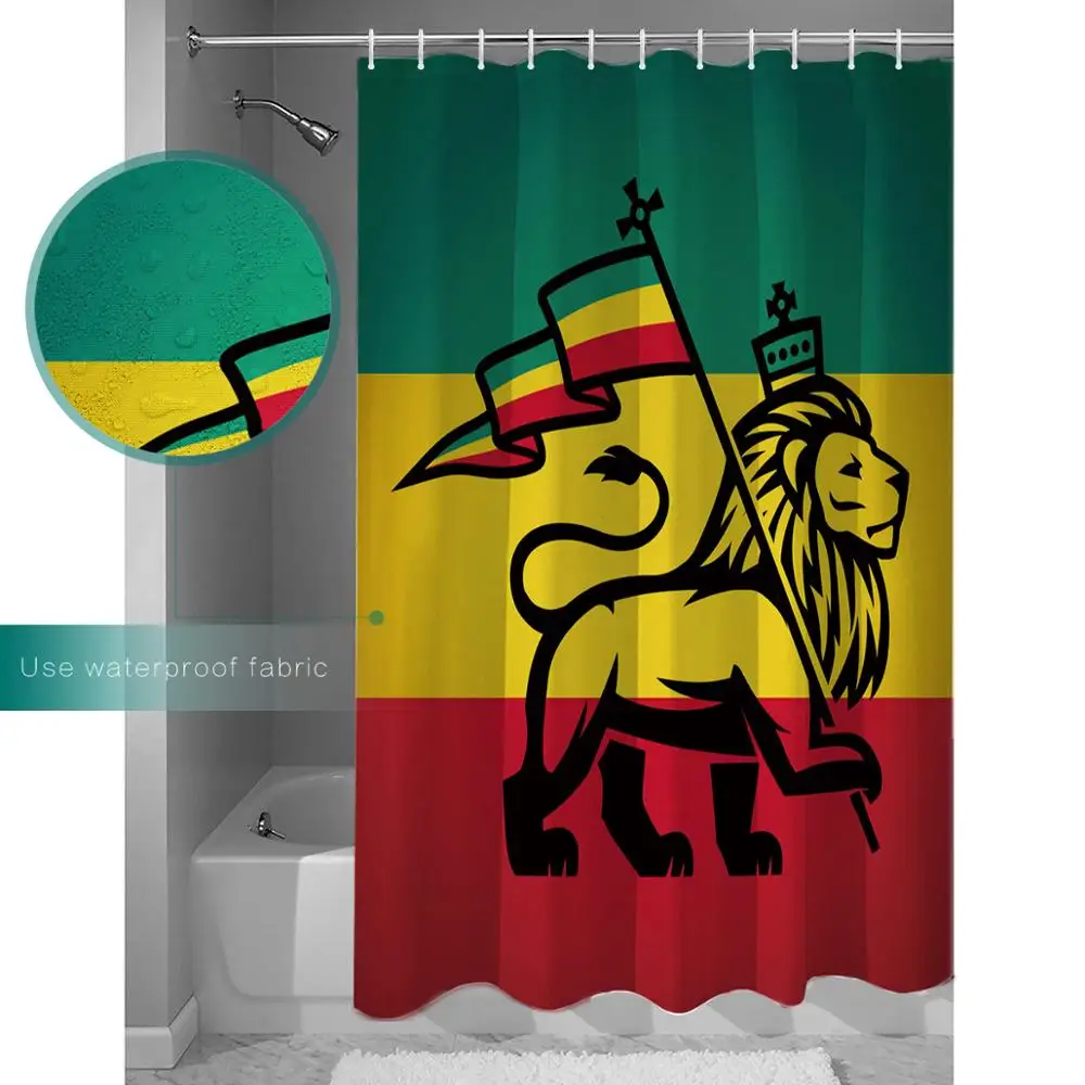 

Rasta Shower Curtain Judah Lion with a Rastafari Flag King Jungle Reggae Theme Art Print Decor Set with Hooks 70 Inches