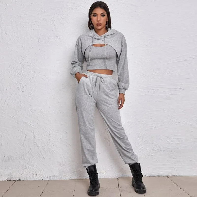 

Solid Three Piece Set Women Long Sleeve Top Pullover Casual Long Pants Suit Female Autumn Sportswear Outfits Tracksuit Y116