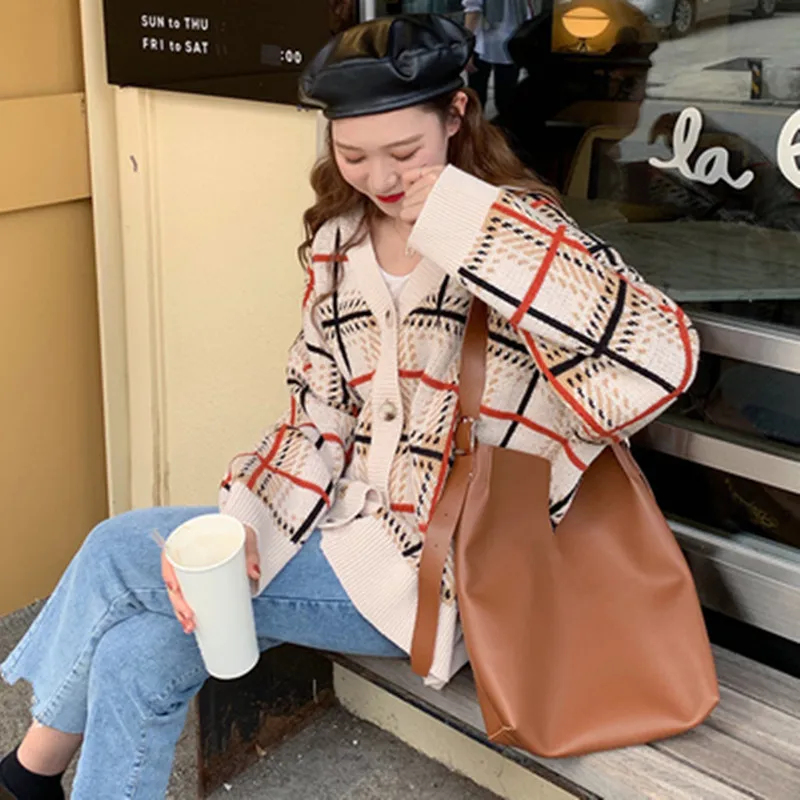 2019 осенний и зимний корейский стиль v-образный вырез клетчатый вязаный кардиган