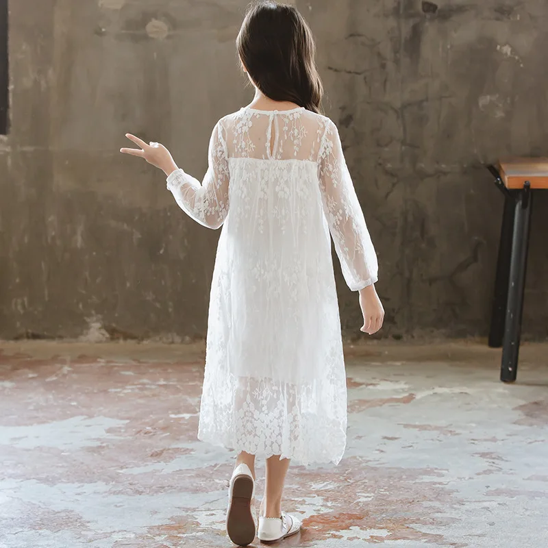 Big Girls Lace Hollow Summer Dress Kids Party Frocks Long Sleeve Elegant White bridesmaid Children Evening Vestidos | Детская одежда и