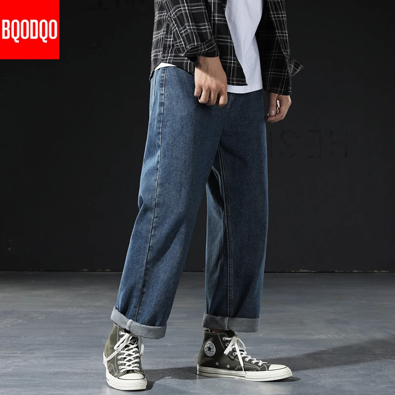

Синие джинсы, мужские брюки оверсайз, классические черные повседневные Прямые брюки в стиле хип-хоп, Мужская одежда для фитнеса, Японская ул...