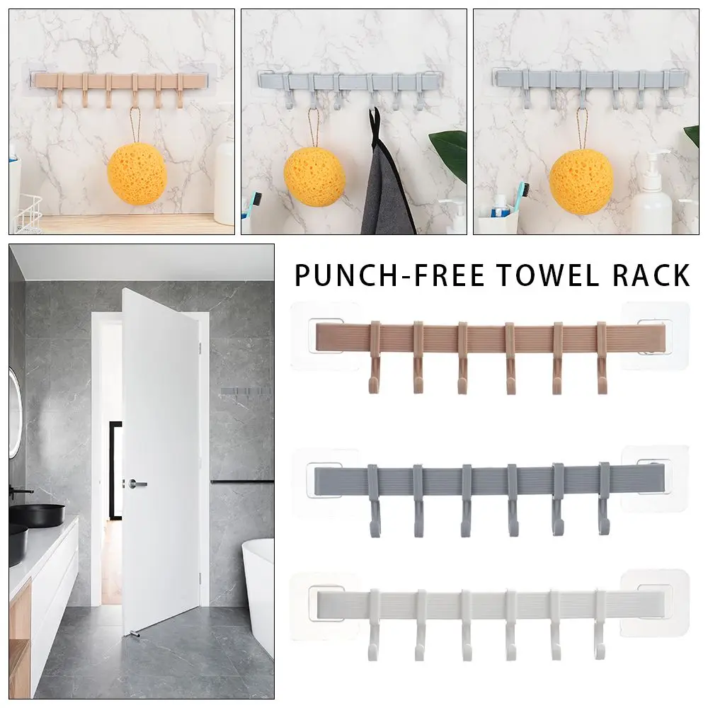 

Wall Mounted Towel Rack with 6 Hooks Plastic Hanging Hanger Storage Hook Multifunctional for Bathroom Kitchen Bedroom