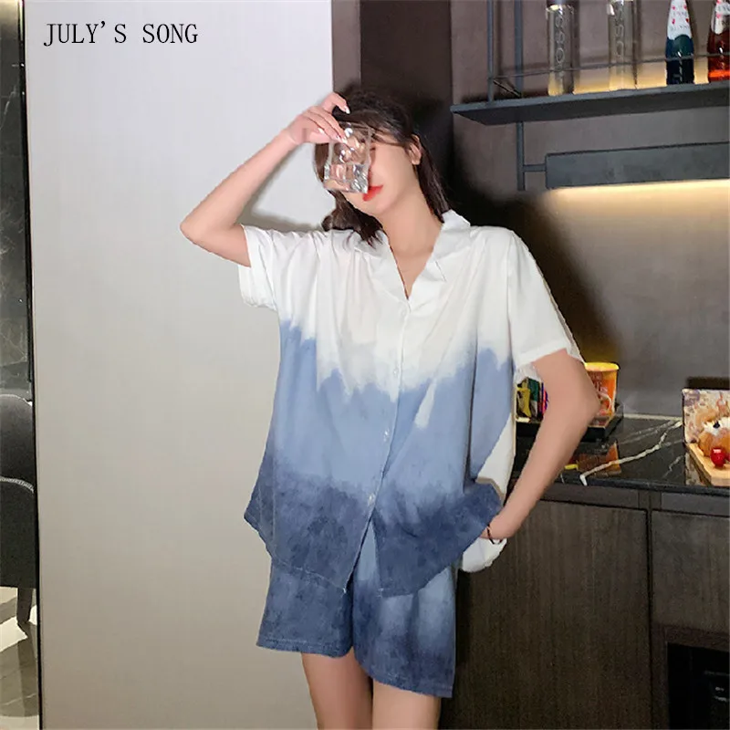 

JULY'S SONG New FashionCotton Woman Pajamas Set 2 Pieces Summer Sleepwear Short Sleevs Tie dye Homewear Casual Nightwear