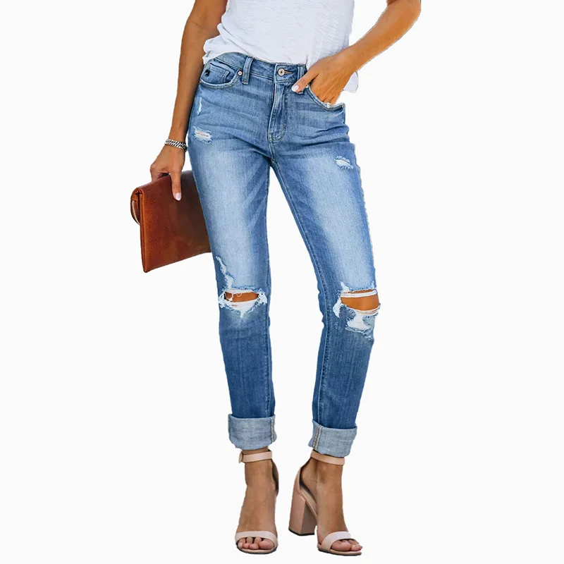 Женские рваные брюки до щиколотки повседневные в Корейском стиле Новинка лета