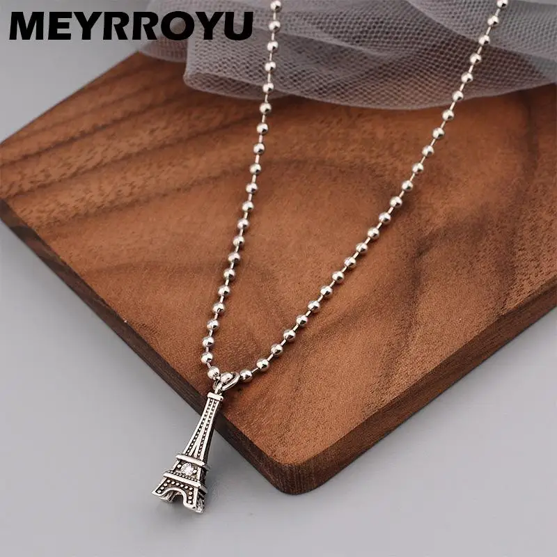 

MEYRROYU 925 Sterling Silver European and American Style Retro Fashion Tower Pendant Necklace Trendy Hip-Hop Punk Party Jewelry