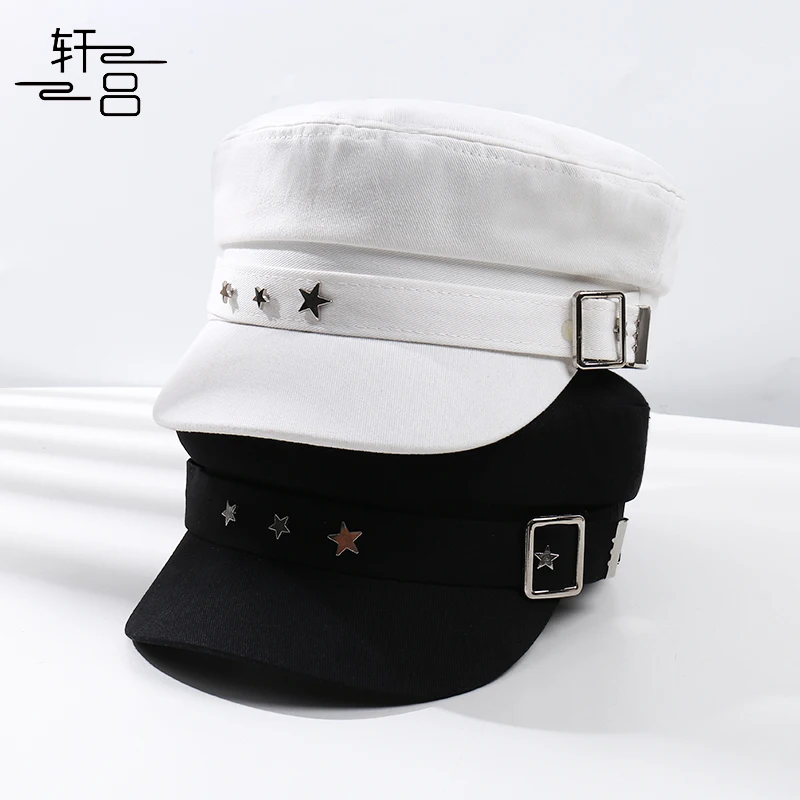 

New British Style Sea Military Hat Female Flat Top Fashion Versatile Octagonal Beret Sunshade Painter Cap Korean Version Star