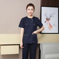 women scrub suit mock wrap nursing uniforms short sleeve doctor workwear irregular neck scrub top drawstring scrub pants cotton