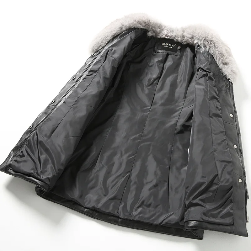 6XL Plus Size Genuine Leather Winter Fox Hair Fur Real Sheep Warm Down Coats Mid-Length Black Turn-down Collar Overcoats Jackets