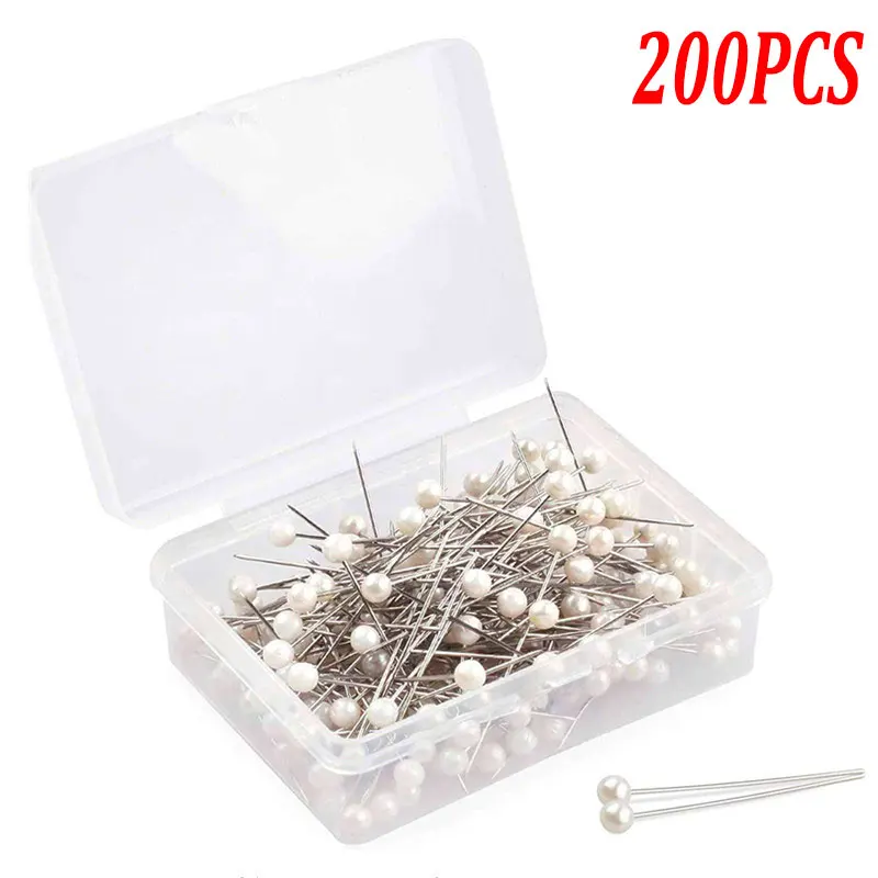 

200pcs Colorful Round Pearl Head Dressmaking Pins Needles Stitch DIY Craft Wedding Corsage Sewing Positioning Box Sewing Tools