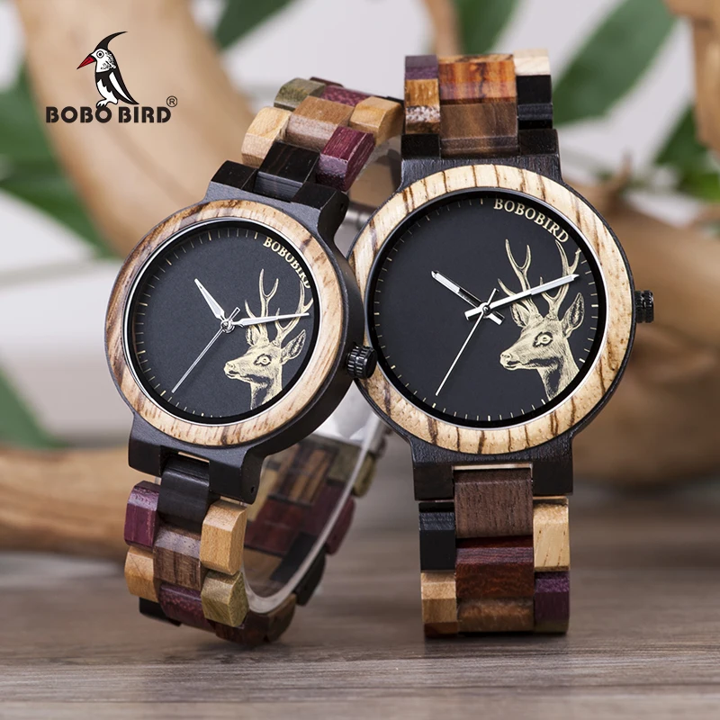 BOBO BIRD Wooden Men's Watches Women Lover's Wristwatch Ladies Elk Deer Quartz Couple Watch