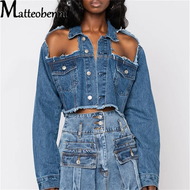 

2021 Sexy Ripped Hollow Out Ladies Short Denim Jacket Plus Size 3XL Women Off-Strapless Hole Jean Jacket Fashion Streetwear Coat