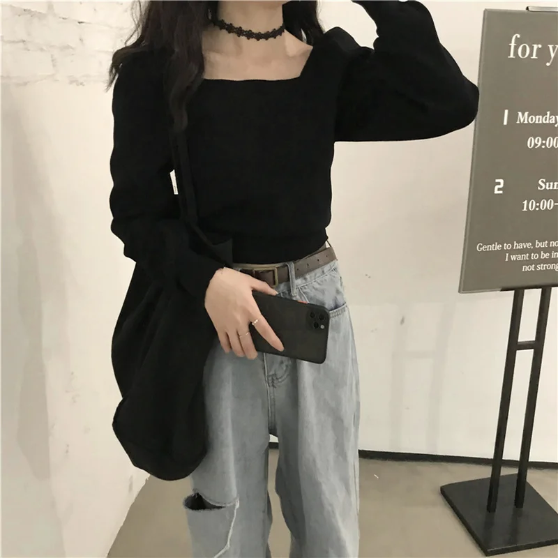 Футболка женская с длинным рукавом кроп-топ квадратным вырезом универсальная