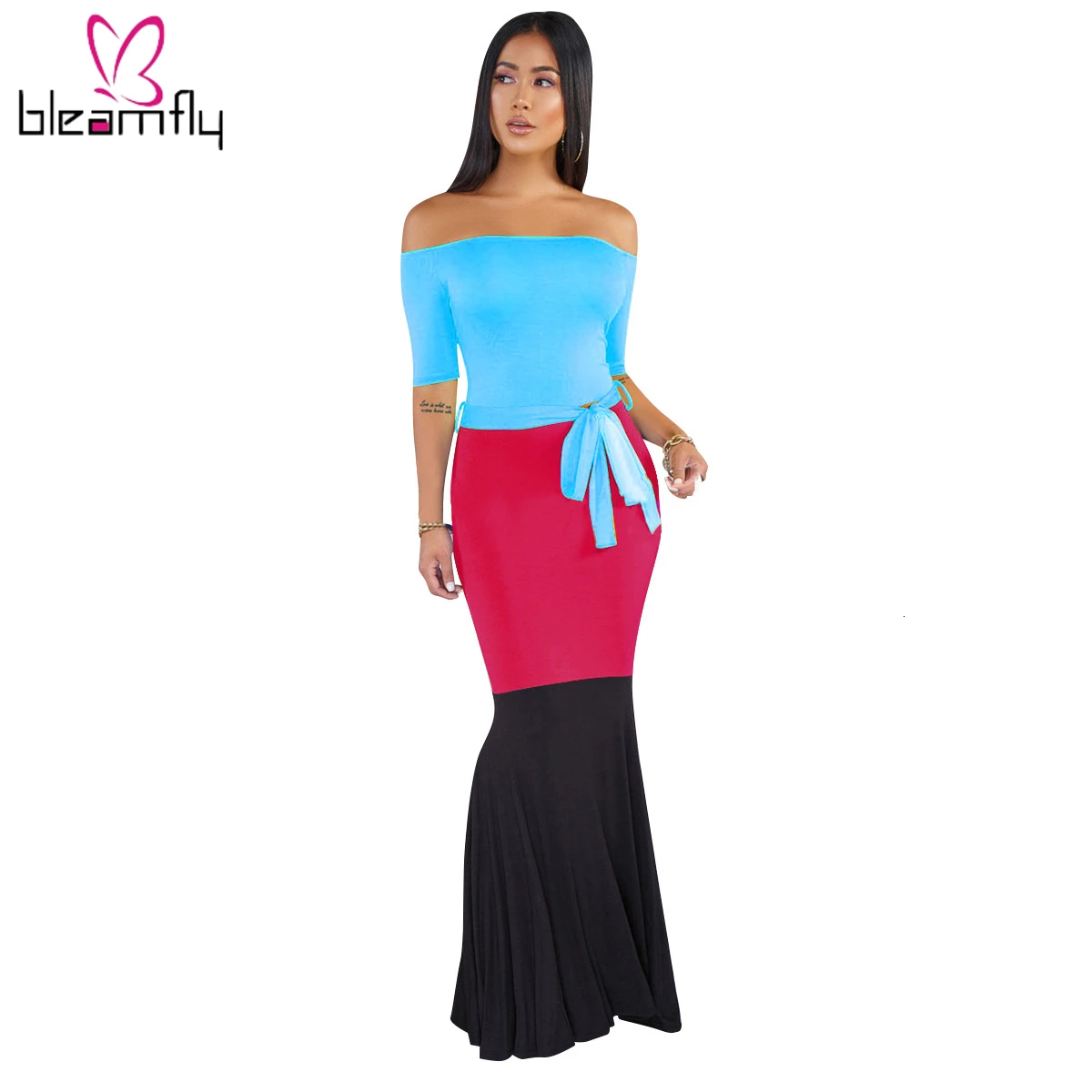 2019 Женское Платье макси с открытыми плечами и вырезом лодочкой рукавом средней