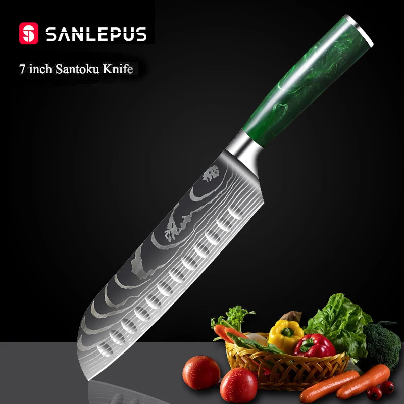 

Нож SANLEPUS Santoku, кухонный нож из нержавеющей стали с лазерным узором, 7 дюймов