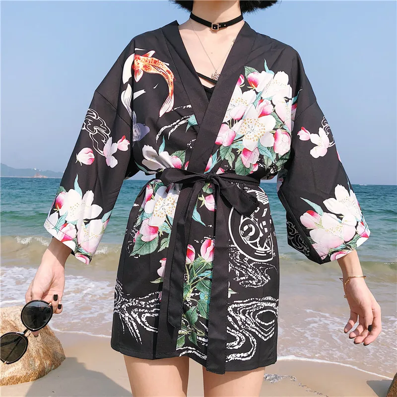Black Kimono Harajuku кардиган Флора Золотая рыбка хаори японский стиль кимоно юката Женская куртка мужская азиатская одежда Вечерние уличная одежда Необычные - Цвет: Black Kimono