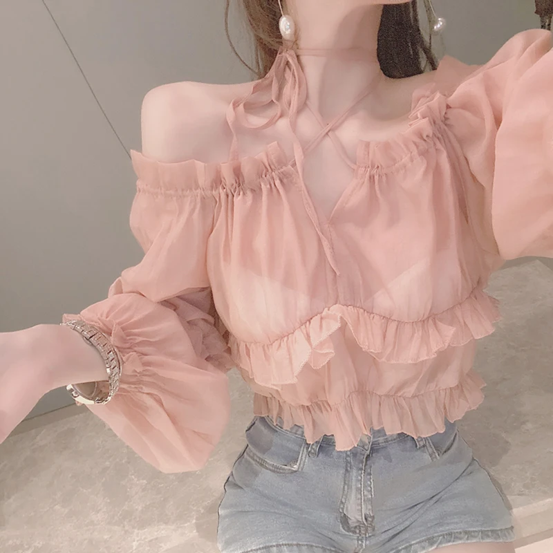 

Strap bubble sleeves for sun protection, slim, light and micro-transparent shirts, short tops, women.