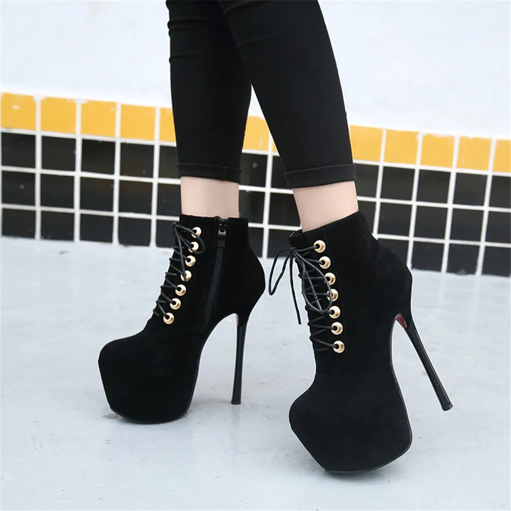 

BONJOMARISA Sexy Ladies shoes lace Platform Flock Ankle Boots Brand Party Dress Dress Boots Women 2020 Buckle Shoes Woman
