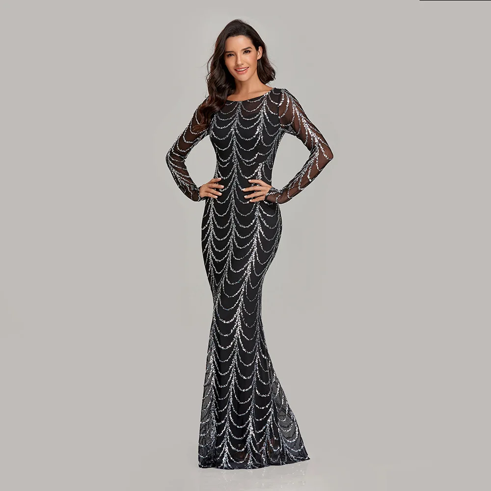 2020 Christmas Party Evening Gowns Full Sleeves Round Neck Mermaid Formal Dress Women Elegant Sequin Illusion Black Prom | Свадьбы и