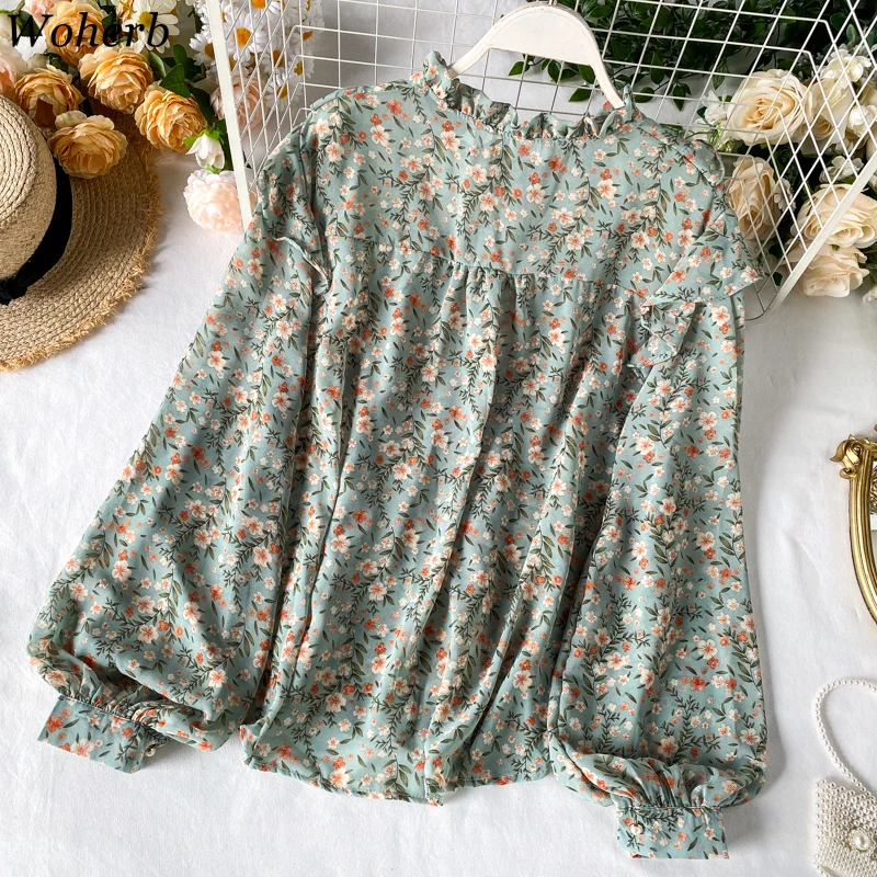 Woherb элегантная Милая шифоновая блузка с цветочным принтом и рукавами фонариками